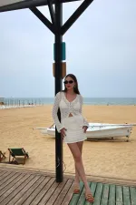 Ensemble cardigan et jupe écru à boutons nacrés - 7221