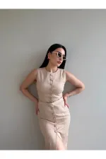 Robe beige en gabardine boutonnée et ceinturée - 5002