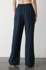 Navy Blue Wide Leg Trousers with Elastic Waistband