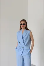 Blue and Black Button-Down Vest and Trousers Set