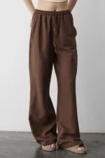 Pantalon marron en coton et lin avec taille élastique