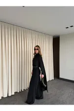 Siyah Kemerli Şal Yaka Gömlek Pantolon Takım - 8004