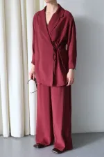Burgundy Kimono Set with Collar Detail and Tie-Up - 8459 Burgundy Kimono Set with Collar Detail and Tie-Up - 8459