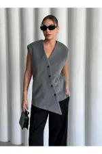 Gri Venedik Çapraz Düğmeli Yelek