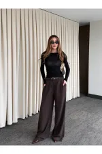 Kahverengi Kemerli Bol Paça Pantolon - 301