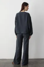 Antrasit %100 Pamuk Bağlamalı Bluz Pantolon Takım