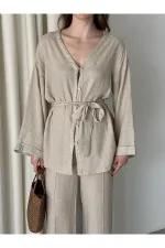 %100 Pamuk Kemerli Gömlek Pantolon Takım - 034