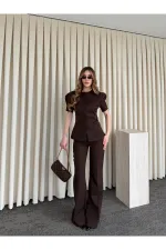 Kahverengi Balon Kol Düğmeli Ceket Pantolon Takım - 0440