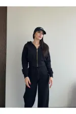 Siyah %100 Pamuk Kapüşonlu Fitilli Takım - 51232