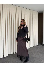 Kahverengi Puantiyeli Saten Etek Ucu Dantelli Etek - 50228