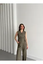 Haki Kruvaze Yaka Yelek Pantolon Takım