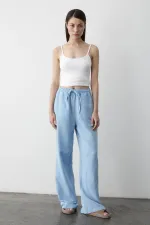 Pantalon bleu en coton et lin avec taille élastiquée