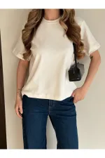 Açık Ekru Kısa Kollu Düz Tshirt - 241128