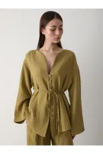 Haki Çok Düğmeli %100 Pamuk Gömlek Pantolon Takım