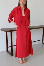 Kırmızı Modal Gömlek Elbise Takım