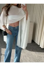 Ekru Muadil Tasarım Triko Pelerin Şal - 5241