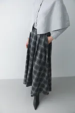Anthracite Grey Plaid Skirt with Leather Trim - 4977 Anthracite Grey Plaid Skirt with Leather Trim - 4977