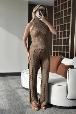 Ensemble chemisier sans manches et pantalon couleur café au lait - 3009