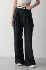 Pantalon de créateur bleu marine avec ceinture à cordon - 3576