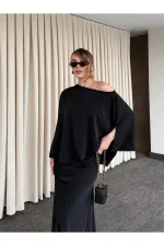 Siyah Omuz Drapeli Saten Bluz Etek Takım - 8005