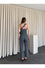 Gri Tek Omuz Tasarım Yaka Bluz Pantolon Takım - 8003