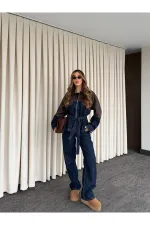 Lacivert - Kahve Bağlamalı Ceket Pantolon Denim Takım - 0836