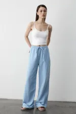 Pantalon bleu en coton et lin avec taille élastiquée