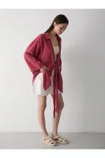 Burgundy Flam Linen Kimono Shirt