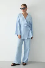 Mavi Pamuklu Düğme Detaylı Kemerli Keten Kimono