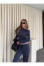 İndigo Kayık Yaka Modal İkili Takım - 7323