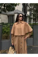 Camel Çıkarılabilir Kapüşon Detaylı Pelerinli Trençkot - 85179