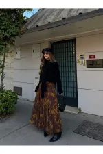 Haki - Sarı Yaprak Desenli Etek - 251101