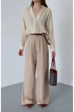 Pantalon beige en maille avec ceinture - 51150