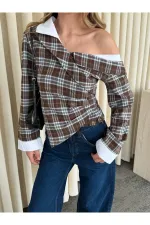 Mavi - Kahve Düşük Omuz Vatkalı Ekose Gömlek - 3247