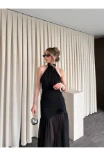 Siyah Gül Detaylı Şifon Elbise - 2485