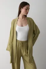 Haki %100 Pamuk Cep Detaylı Kuşaklı Kimono Takım - 8491
