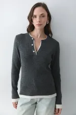 Antrasit - Krem 2 Patlı Düğmeli Kazak - 251023