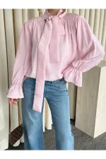 Pembe Fırfır Detaylı Vatkalı Bluz - 1016