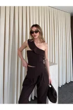 Acı Kahve Tek Omuz Tasarım Yaka Bluz Pantolon Takım - 8003