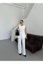 Beyaz Leandra Tasarım Bluz Pantolon Takım
