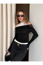 Siyah Beyaz Atletli Kayık Yaka Bluz - 0780