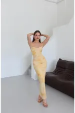 Sarı Yan Drapeli Çiçek Desenli Elbise