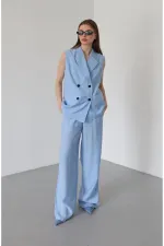 Blue and Black Button-Down Vest and Trousers Set