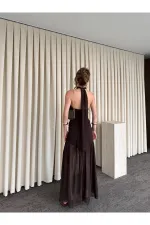 Kahverengi Gül Detaylı Şifon Elbise - 2485