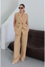 Mustard Black Button-Down Vest and Trousers Set Mustard Black Button-Down Vest and Trousers Set