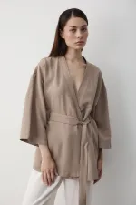 Sütlü Kahve Iç Kemerli Fakir Kol Kimono - 5383