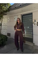 Mürdüm Kot Crop Ceket Pantolon Takım - 51244