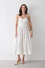 Beyaz Bel Detaylı Poplin Elbise - 2001