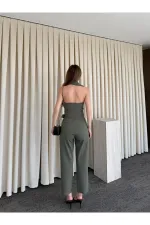 Haki Tek Omuz Tasarım Yaka Bluz Pantolon Takım - 8003