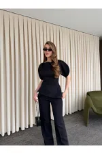 Ensemble chemisier asymétrique noir à manches ballon et pantalon - 25194